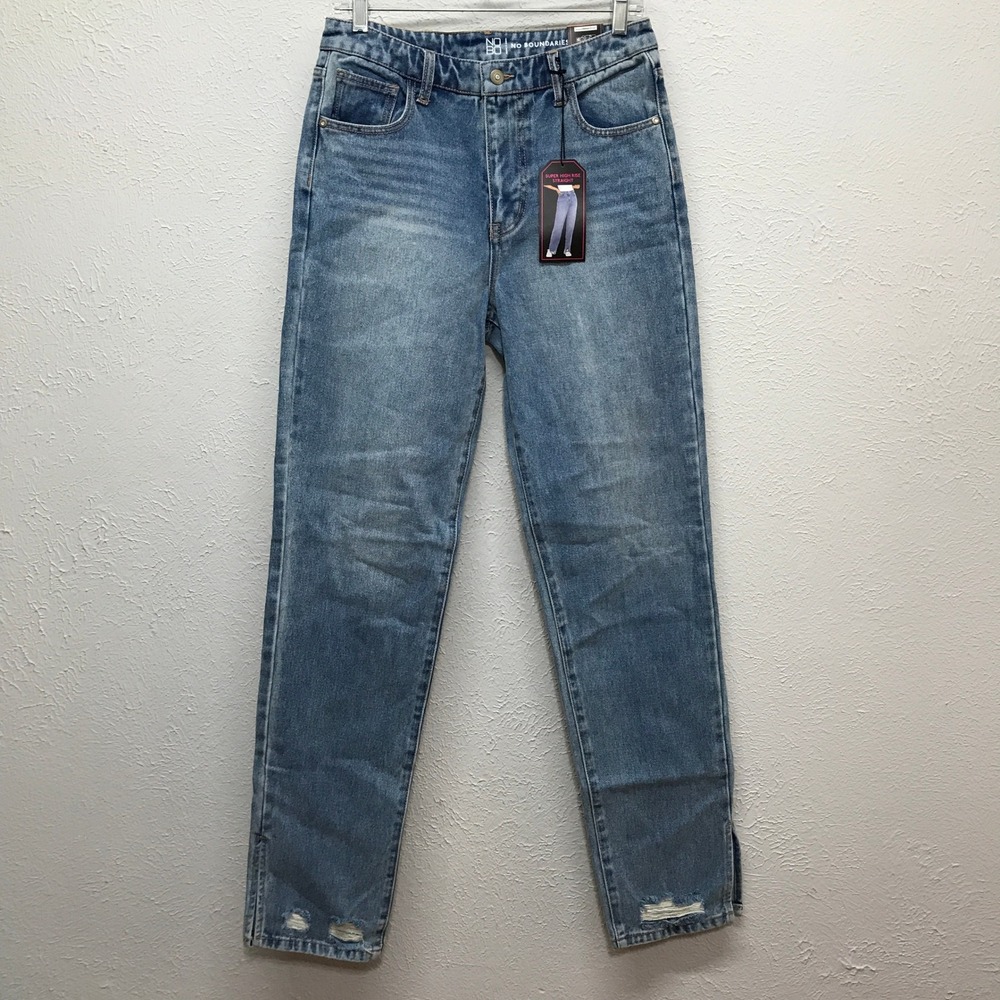 No Boundaries Straight Leg Jeans Women 9 Blue Super High Rise Split Hem Distress